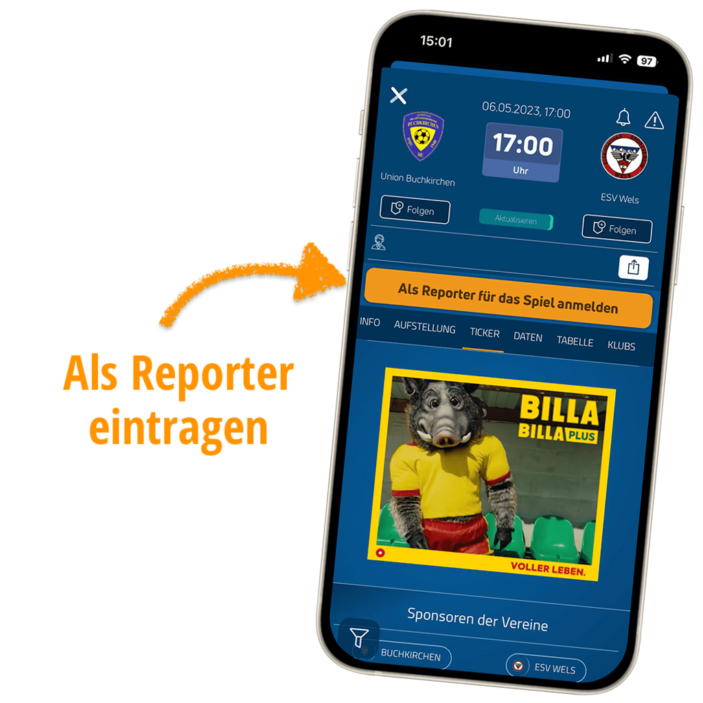 In der Ligaportal App kannst du dich ganz einfach als Live-Ticker Reporter eintragen