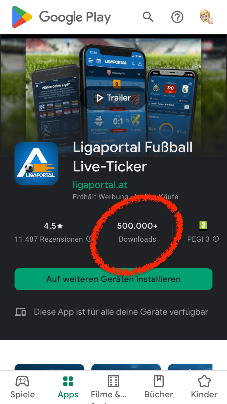 Downloads der Ligaportal App auf Google Play