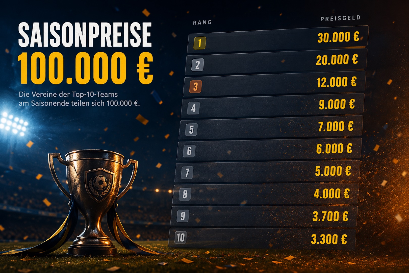 Die Vereine der Top-10-Teams am Saisonende teilen sich 100.000 €