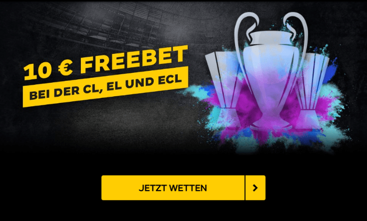 Deine Wette auf Spiele der Champions League, Europa League oder Conference League mit einem Einsatz von 20 € oder mehr sichert Dir eine 10 € FREEBET!