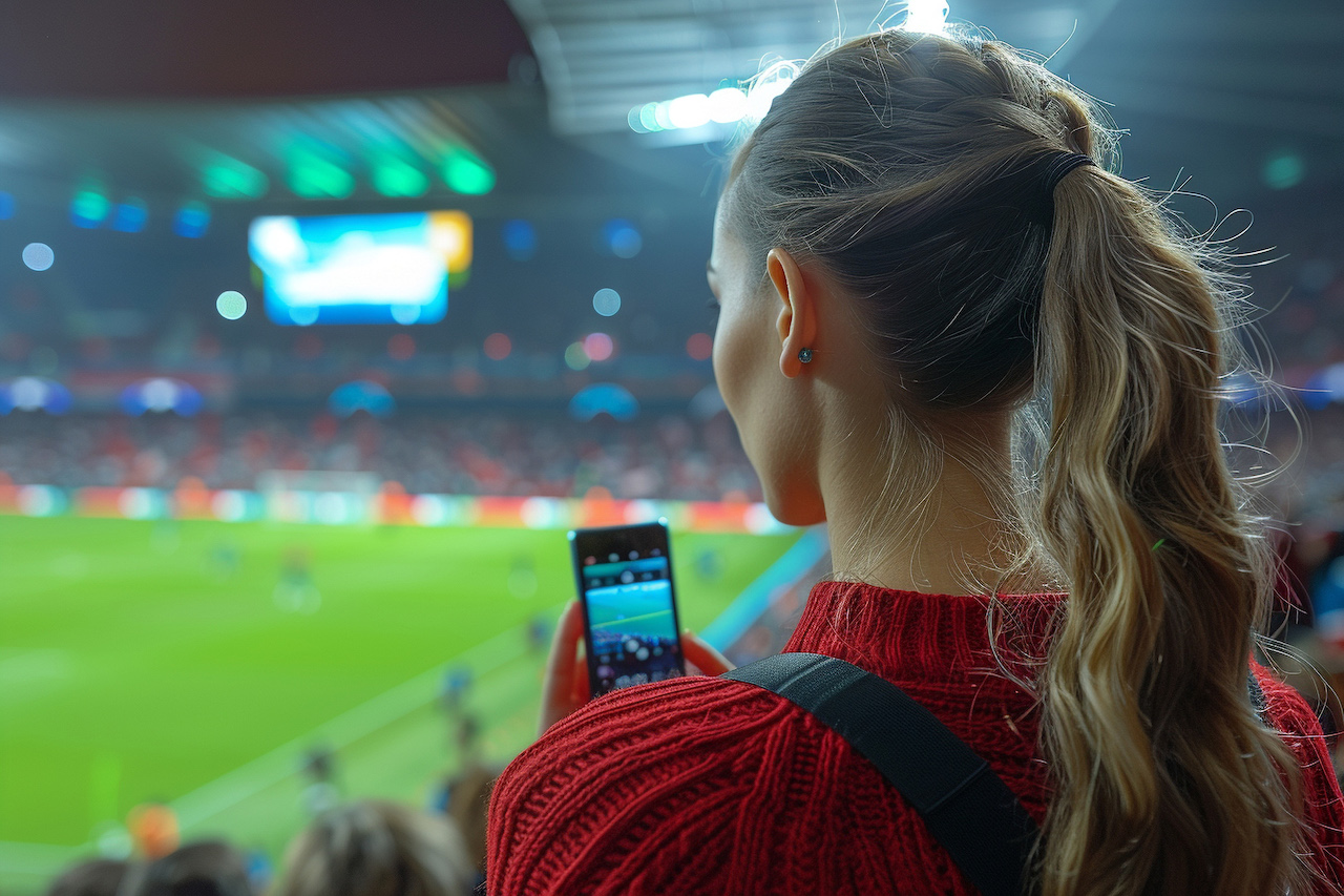 Fußballfan mit Smartphone im Stadion