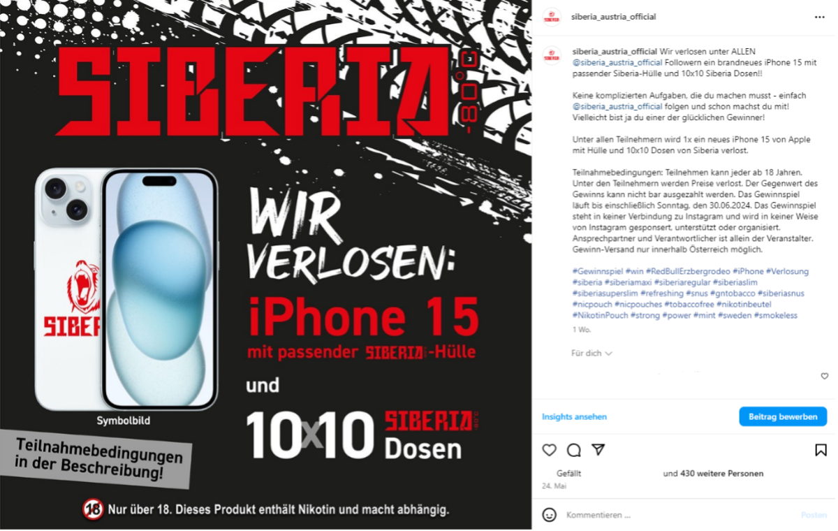 Gewinnspiel auf der Siberia Instagramseite